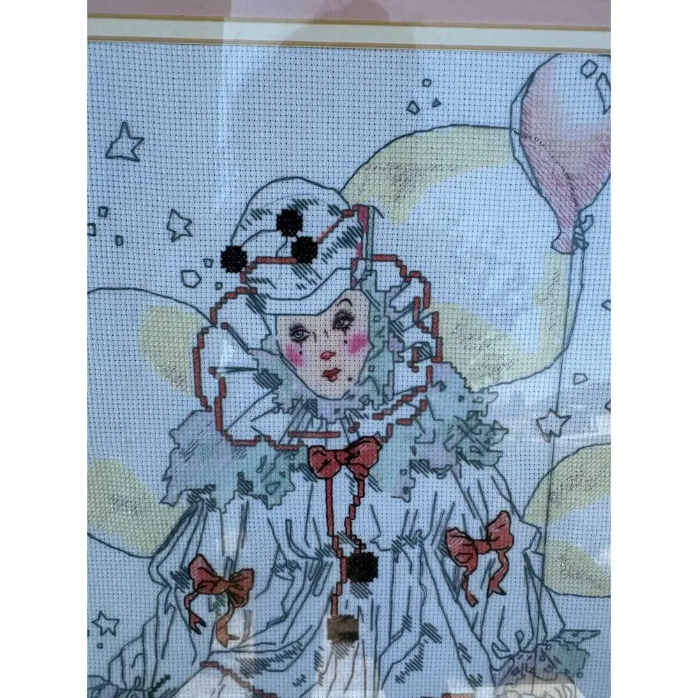 Cross-stitch Mime with Balloon framed matted wall decor feminine quirky oddity